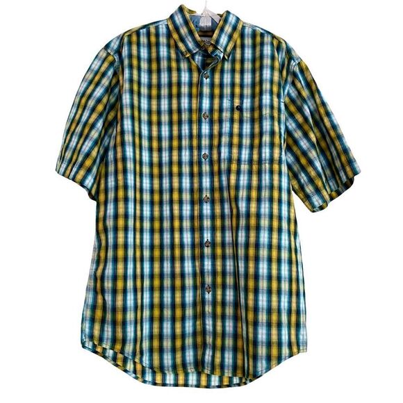 Carhartt Short Sleeve Button Down Casual Shirt Oxford Yellow + Blue Plaid Medium - Picture 1 of 8